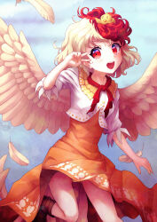 Rule 34 | 1girl, animal, animal on head, arm up, bird, blonde hair, blush, boots, breasts, brown footwear, buttons, chick, commentary request, dress, feathers, hair between eyes, hand up, highres, ikamagu, leg up, looking at viewer, medium breasts, multicolored hair, niwatari kutaka, on head, open mouth, orange dress, puffy short sleeves, puffy sleeves, red eyes, red hair, red scarf, scarf, short hair, short sleeves, smile, solo, standing, standing on one leg, teeth, touhou, two-tone hair, v, vest, white vest, wings, yellow fur