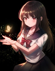 Rule 34 | 1girl, :&lt;, black background, black sailor collar, black skirt, blush, bow, brown hair, bug, butterfly, closed mouth, collarbone, cowboy shot, glowing butterfly, insect, light particles, long hair, looking at viewer, original, outstretched hand, picter, red bow, red eyes, sailor collar, school uniform, serafuku, shirt, short sleeves, simple background, skirt, solo, white shirt