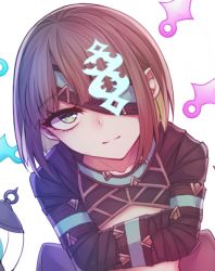 Rule 34 | 1girl, aoi23umi, aqua eyes, birdcage, bound, bound arms, brown hair, cage, commentary request, crossed arms, dark persona, eyepatch, gretel (sinoalice), half-nightmare, light smile, looking at viewer, short hair, sinoalice, solo, straitjacket, white background