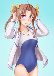 Rule 34 | 1girl, ahoge, anti (untea9), aqua background, arms behind head, blue one-piece swimsuit, blush, breasts, brown hair, collarbone, cowboy shot, eyebrows, hair ribbon, high school fleet, highres, jacket, kagerou (kancolle), kantai collection, lips, long hair, long sleeves, looking at viewer, medium breasts, new school swimsuit, one-piece swimsuit, open mouth, purple eyes, ribbon, school swimsuit, simple background, solo, swimsuit, swimsuit under clothes, twintails, two-tone swimsuit, white jacket, white one-piece swimsuit, yellow ribbon