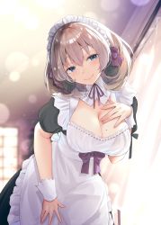 Rule 34 | 1girl, absurdres, apron, black dress, blue eyes, blurry, blurry background, breasts, brown hair, cleavage, closed mouth, commentary request, dress, eyes visible through hair, frilled apron, frills, hair ribbon, hand on own chest, highres, indoors, large breasts, leaning forward, maid, maid headdress, medium hair, mole, mole on breast, narushima kanna, original, puffy short sleeves, puffy sleeves, purple ribbon, ribbon, short sleeves, smile, solo, standing, white apron, wrist cuffs