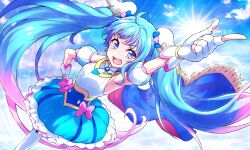 Rule 34 | 1girl, ahoge, blue eyes, blue hair, blue skirt, bow, brooch, cape, commentary request, cure sky, detached sleeves, earrings, fingerless gloves, gloves, gradient hair, hand on own hip, highres, hirogaru sky! precure, jewelry, kyoutsuugengo, magical girl, multicolored hair, open mouth, pink bow, pink hair, precure, puffy detached sleeves, puffy sleeves, single earring, single sidelock, skirt, smile, solo, sora harewataru, thighhighs, two-sided cape, two-sided fabric, white gloves, white thighhighs, wing brooch, wing hair ornament