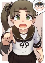 Rule 34 | 1boy, 1girl, absurdres, admiral (kancolle), ayanami (kancolle), black ribbon, blush, body switch, brown hair, brown sailor collar, brown skirt, commission, green eyes, hair ribbon, highres, kantai collection, long hair, looking at viewer, namaata, o o, open mouth, personality switch, pleated skirt, pointing, pointing at viewer, ponytail, ribbon, sailor collar, school uniform, serafuku, short sleeves, side ponytail, simple background, skeb commission, skirt, sweat, twitter username