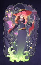 Rule 34 | 1girl, border, candle, cloud, commentary, floating, glowing, grin, hair over one eye, half-closed eyes, hassysoda, hat, highres, little witch academia, long hair, luna nova school uniform, magic, mushroom, night, night sky, pages, paper, pink hair, red eyes, robe, school uniform, sky, smile, solo, sparkle, star (symbol), sucy manbavaran, tree, very long sleeves, wax, witch, witch hat