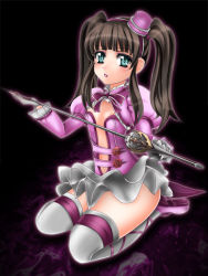 Rule 34 | 1041 (toshikazu), 1girl, alternate costume, amy sorel, black hair, blue eyes, full body, gloves, hat, lolita fashion, long hair, looking at viewer, mini hat, seiza, sitting, skirt, solo, soul calibur, soulcalibur, soulcalibur iii, sword, thighhighs, twintails, weapon, white thighhighs