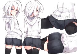 Rule 34 | 1girl, ahoge, ass, black thighhighs, blue eyes, blush, commentary request, from behind, hands in pockets, hood, hoodie, looking at viewer, looking back, lying, multiple views, on side, original, otokuyou, pleated skirt, ringo-chan (haegiwa), ringo-chan (otokuyou), short hair, simple background, sitting, skirt, thighhighs, wariza, white background, white hair, zettai ryouiki