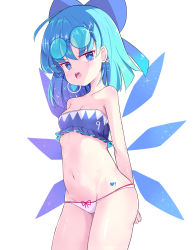 Rule 34 | 1girl, :o, absurdres, alternate costume, arms behind back, bare shoulders, bikini, blue bow, blue eyes, blue hair, bow, breasts, cirno, cleavage, collarbone, commentary request, cowboy shot, earrings, eyelashes, eyewear on head, frilled swimsuit, frills, groin, hair bow, highres, ice, ice wings, jewelry, navel, open mouth, shiny skin, sidelocks, simple background, small breasts, solo, sparkle, sseopik, standing, stomach, strapless, strapless bikini, string bikini, swimsuit, tattoo, teeth, thighs, touhou, tube top, upper teeth only, wings