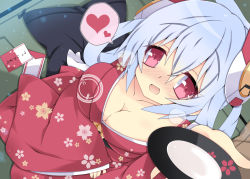 Rule 34 | 1girl, :d, alcohol, blush, breasts, cleavage, drunk, dutch angle, from above, hair ornament, japanese clothes, kimono, large breasts, long hair, looking at viewer, looking up, matoi (pso2), milkpanda, open mouth, phantasy star, phantasy star online 2, red eyes, sake, silver hair, smile, solo