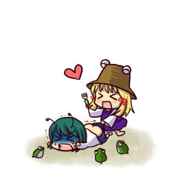 Rule 34 | &gt; &lt;, 2girls, antennae, ass, assisted exposure, blonde hair, bullying, chibi, closed eyes, clothes pull, female focus, fork, frog, green hair, hat, heart, moriya suwako, multiple girls, pants, pants pull, pantsing, pulling another&#039;s clothes, short hair, simple background, socha, tears, touhou, trembling, wriggle nightbug, you gonna get raped