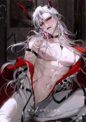 Rule 34 | 1boy, abs, bare pectorals, collar, cross tattoo, cum, cumdrip, demon boy, demon horns, highres, horns, long hair, male focus, nipples, pectorals, red eyes, satan (what in hell is bad), spiked collar, spikes, straitjacket, sweat, toned, toned male, what in hell is bad, white hair