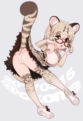 Rule 34 | 10s, 1girl, animal ears, ass, blonde hair, bow, bowtie, cat ears, cat tail, elbow gloves, glasses, gloves, highres, kemono friends, looking at viewer, margay (kemono friends), okome (ricecandy), open mouth, panties, shoes, short hair, sleeveless, sneakers, solo, tail, underwear