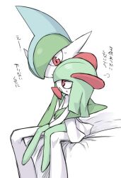 Rule 34 | bad id, bad pixiv id, colored skin, creatures (company), gallade, game freak, gen 3 pokemon, gen 4 pokemon, green hair, hair over one eye, horns, kirlia, multicolored skin, nintendo, open mouth, pink eyes, pokemon, pokemon (creature), sidelocks, simple background, sitting, sitting on lap, sitting on person, translation request, two-tone skin, utsugi (skydream), white background, white skin