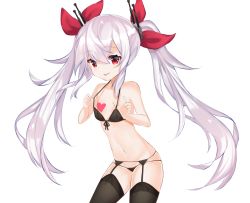 Rule 34 | 1girl, :p, azur lane, black bra, black thighhighs, bra, closed mouth, cona kinaco, cowboy shot, fang, fang out, flat chest, front-tie top, garter belt, garter straps, groin, hair between eyes, hair ribbon, halterneck, heart, light purple hair, long hair, navel, panties, red eyes, red ribbon, ribbon, side-tie panties, simple background, solo, thighhighs, tongue, tongue out, twintails, underwear, vampire (azur lane), very long hair, white background