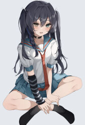 Rule 34 | 1girl, absurdres, awaki224, black choker, black footwear, black hair, blue eyes, blue sailor collar, blue skirt, blush, braid, cat o-ring, choker, collarbone, commentary request, detached sleeves, dot nose, fang, grey background, hair between eyes, hair ornament, hairclip, hands on own legs, heterochromia, highres, indian style, long hair, looking at viewer, lower teeth only, necktie, no shoes, o-ring, o-ring choker, original, parted lips, pleated skirt, puffy short sleeves, puffy sleeves, red necktie, sailor collar, school uniform, serafuku, shirt, short sleeves, side braid, simple background, single detached sleeve, sitting, skin fang, skirt, solo, striped sleeves, teeth, two side up, white shirt, yellow eyes