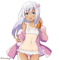 Rule 34 | 1girl, :d, bikini, blue eyes, bow, cowboy shot, dark-skinned female, dark skin, gluteal fold, grey hair, hair bow, highres, holding, jacket, kantai collection, liking, long hair, navel, official alternate costume, omamori, one-hour drawing challenge, one-piece tan, open mouth, pink bow, pink jacket, ro-500 (kancolle), smile, solo, swimsuit, tan, tanline, twitter username, white bikini