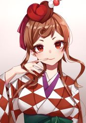 Rule 34 | 10s, 1girl, argyle, argyle clothes, argyle kimono, breasts, brown hair, closed mouth, commentary, eyeshadow, finger to mouth, gradient background, hair ornament, hair ribbon, hand up, head tilt, heart, highres, itoi toi, japanese clothes, kimono, long hair, long sleeves, looking at viewer, makeup, medium breasts, obi, red eyes, red kimono, red ribbon, ribbon, sanpaku, sash, sidelocks, smile, solo, upper body, white background, wide sleeves, yuugiri (zombie land saga), zombie land saga