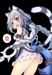 Rule 34 | 1girl, 3.14, ahoge, anger vein, animal ears, ass, backless outfit, black background, blue eyes, blush, braid, breasts, cat ears, cat tail, copyright request, cowboy shot, d:, d:&lt;, fang, from behind, grey hair, legs apart, long hair, looking at viewer, looking back, low twintails, medium breasts, multicolored hair, no panties, open mouth, purple hair, simple background, skirt, solo, spoken anger vein, streaked hair, tail, thighs, twin braids, twintails, v-shaped eyebrows, white skirt