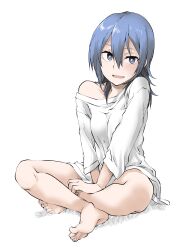 Rule 34 | 1girl, :d, bare legs, barefoot, between legs, black eyes, blue hair, blush, breasts, collarbone, crossed ankles, elf (stroll in the woods), feet, hair between eyes, hand between legs, highres, long hair, no pants, off shoulder, open mouth, raised eyebrows, shirt, sidelocks, simple background, single bare shoulder, sitting, small breasts, smile, solo, suzugamori chika, textless version, toes, white background, white shirt, zatsu tabi