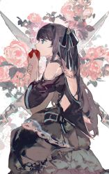 Rule 34 | 1girl, absurdres, apple, arcaea, backless dress, backless outfit, black dress, black hair, black ribbon, blue eyes, character request, commentary, dress, eating, english commentary, flower, food, from side, fruit, hair ribbon, hands up, highres, holding, holding food, holding fruit, knife, lobelia (saclia), long hair, looking away, off-shoulder dress, off shoulder, pink flower, pink rose, profile, ribbon, rose, sitting, solo, white background
