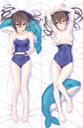 Rule 34 | 1girl, a01macaron, armpits, arms up, bare legs, barefoot, bed sheet, blue one-piece swimsuit, blush, breasts, breasts apart, cleavage, clothes pull, collarbone, commission, covered navel, dakimakura (medium), food, full body, groin, highres, idolmaster, idolmaster cinderella girls, looking at viewer, looking away, lying, medium breasts, mole, mole under eye, mouth hold, nintendo switch, nipples, old school swimsuit, on back, one-piece swimsuit, one-piece swimsuit pull, pixiv commission, pocky, school swimsuit, sharp teeth, skin tight, stuffed animal, stuffed shark, stuffed toy, sunazuka akira, swimsuit, teeth, twintails, wavy hair