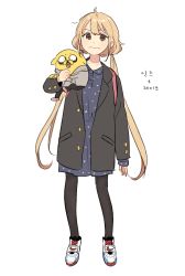Rule 34 | 10s, 1girl, adventure time, ahoge, bad id, bad twitter id, black pantyhose, blonde hair, blush, brown eyes, cdov34, crossover, frown, full body, futaba anzu, idolmaster, idolmaster cinderella girls, jacket, jake, jake the dog, korean text, long hair, long sleeves, looking at viewer, open clothes, open jacket, pantyhose, shoes, simple background, sneakers, solo, standing, twintails, very long hair, white background