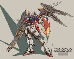 Rule 34 | beige background, grey background, gun, gundam, gundam wing, highres, holding, holding gun, holding weapon, mecha, mechanical wings, mobile suit, no humans, robot, roko (project 1104), science fiction, shadow, shield, solo, standing, v-fin, weapon, wing gundam zero, wings