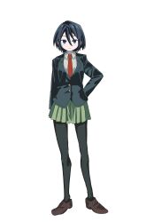 Rule 34 | 1girl, absurdres, arm at side, arm behind back, black hair, black jacket, black pantyhose, blue eyes, closed mouth, collared shirt, commentary request, expressionless, full body, green skirt, highres, jacket, kakuriyo rei, kuroshio current, long sleeves, looking at viewer, necktie, okabayashi saki, pantyhose, pleated skirt, red necktie, sanpaku, shirt, short hair, simple background, skirt, solo, standing, tachi-e, white background, white shirt