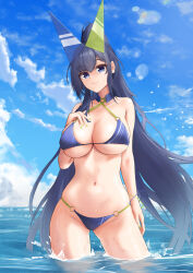 Rule 34 | 1girl, azur lane, bikini, blue bikini, blue eyes, blue hair, blue sky, breasts, cleavage, closed mouth, cloud, criss-cross halter, green nails, halterneck, hand on own chest, highres, large breasts, long hair, looking at viewer, navel, new jersey (azur lane), new jersey (midsummer leisure) (azur lane), o-ring, o-ring bikini, official alternate costume, ponytail, sky, smile, solo, standing, stomach, swimsuit, turboflower, underboob, very long hair, water