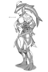 Rule 34 | 1boy, anklet, biceps, bracer, epaulettes, feathers, fingernails, fins, full body, gills, greyscale, jewelry, looking at viewer, male focus, monochrome, monster boy, muscular, navel, nintendo, pectorals, sash, sharp fingernails, sidon, simple background, smile, solo, the legend of zelda, the legend of zelda: breath of the wild, thighs, twitter username, white background, zerusagi, zora