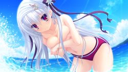 Rule 34 | 1girl, bent over, bikini, blue sky, blush, breast hold, breasts, cloud, collarbone, covering privates, covering breasts, day, dutch angle, earrings, flower, game cg, hair ornament, hairpin, highres, image sample, jewelry, justy x nasty, long hair, medium breasts, mikagami mamizu, navel, ocean, onose mana, red eyes, ribbon, sky, swimsuit, water, waves, white hair