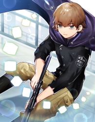 Rule 34 | 1boy, black eyes, black footwear, black jacket, boots, brown hair, brown pants, closed mouth, cube, ema yuzuru, feet out of frame, gun, holding, holding gun, holding weapon, jacket, long sleeves, looking at viewer, male focus, pants, pants tucked in, pbn (user cdey3224), rifle, short hair, sparkle, standing, weapon, world trigger