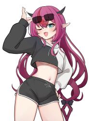Rule 34 | 1girl, absurdres, bakedmonogamy, blue eyes, breasts, cropped jacket, eyewear on head, hand on own hip, highres, hololive, hololive english, hood, hoodie, horns, irys (hololive), irys (irys 2.0) (hololive), medium breasts, one eye closed, open mouth, red hair, short shorts, shorts, simple background, solo, sunglasses, thighs, twintails, underboob, virtual youtuber