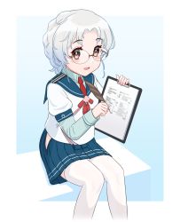 Rule 34 | 1girl, blue skirt, brown eyes, clipboard, cosplay, geometrie, glasses, grey hair, highres, hip vent, hirato (kancolle), holding, holding clipboard, kantai collection, long sleeves, miniskirt, ooyodo (kancolle), ooyodo (kancolle) (cosplay), pleated skirt, school uniform, serafuku, short hair, sitting, skirt, solo, thighhighs, wavy hair, white thighhighs