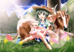 Rule 34 | :d, animal, animal on lap, blue eyes, blurry, blush stickers, boots, depth of field, flower, forest, grass, green hair, hair between eyes, hat, horns, kuroda ariake, lens flare, looking at viewer, low ponytail, nature, nose piercing, nose ring, on lap, open mouth, original, overalls, piercing, pig, river, sitting, smile, sun hat, tree