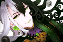 Rule 34 | 1boy, ashiya douman (fate), asymmetrical clothes, asymmetrical hair, bad id, bad pixiv id, bell, black eyes, black hair, close-up, curly hair, earrings, evil smile, eyeshadow, fate/grand order, fate (series), green eyes, green eyeshadow, green kimono, green lips, hair bell, hair between eyes, hair intakes, hair ornament, highres, japanese clothes, jewelry, kimono, lipstick, long hair, magatama, magatama earrings, makeup, male focus, multicolored hair, open clothes, open kimono, ribbed sleeves, smile, solo, split-color hair, toned, toned male, two-tone hair, upper body, very long hair, white hair, yotsuyama (yomo8ama)