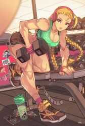 Rule 34 | antenna hair, biceps, blonde hair, blue eyes, bottle, braid, breasts, cammy white, capcom, chun-li, dumbbell, edwin huang, exercising, final fantasy, final fantasy vii, final fantasy vii remake, fingerless gloves, gloves, headphones, key, large breasts, looking at viewer, muscular, muscular female, nail polish, phone, red gloves, ryu (street fighter), shoes, shorts, socks, sports bra, sticker, street fighter, street fighter v, sweat, thighs, tifa lockhart, twin braids, union jack, water bottle