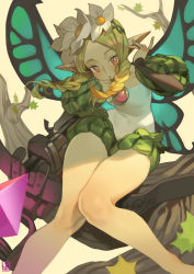 Rule 34 | 1girl, blonde hair, blue wings, bow (weapon), braid, branch, butterfly wings, crossbow, fairy, highres, insect wings, mercedes (odin sphere), odin sphere, poch4n, pointy ears, puff and slash sleeves, puffy sleeves, red eyes, solo, tree, twin braids, weapon, wings, yellow background
