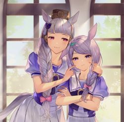Rule 34 | 2girls, :3, animal ears, aqua ribbon, blush, bow, braid, braided ponytail, brown headwear, commentary request, crossed arms, ear ribbon, gold ship (umamusume), hair bow, hands on another&#039;s cheeks, hands on another&#039;s face, highres, horse ears, horse girl, horse tail, indoors, looking at another, looking at viewer, mejiro mcqueen (umamusume), multiple girls, pillbox hat, pink bow, pink eyes, puffy short sleeves, puffy sleeves, purple bow, purple eyes, purple hair, purple shirt, ribbon, shirt, short sleeves, silver hair, skirt, swept bangs, tail, tsunakawa, twintails, umamusume, upper body, vector trace, white skirt