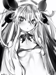Rule 34 | 1girl, bad id, bad pixiv id, bikini, bow, bowtie, breasts, bright pupils, copyright request, covered erect nipples, greyscale, hair between eyes, hair ornament, highres, hijirime laeria, long hair, looking at viewer, monochrome, nanashi (nlo), parted lips, skinny, small breasts, solo, swimsuit, upper body, virtual youtuber