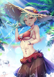 Rule 34 | 1girl, :d, bare arms, bikini, bikini skirt, bracelet, breasts, brown eyes, day, green eyes, hand in own hair, hat, hat ribbon, highres, jewelry, lens flare, light rays, long hair, looking at viewer, medium breasts, nail polish, navel, novady, open mouth, original, outdoors, palm tree, red bikini, ribbon, sarong, sideboob, signature, smile, solo, sparkle, standing, straw hat, sun hat, sunbeam, sunlight, swimsuit, tree, underboob, water drop