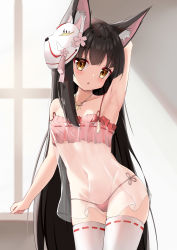 Rule 34 | 1girl, :o, absurdres, animal ear fluff, animal ears, arm up, armpits, azur lane, bare shoulders, black hair, breasts, fox ears, fox mask, highres, jewelry, long hair, looking at viewer, mask, mask on head, nagato-chan, nagato (azur lane), nagato (great fox&#039;s respite) (azur lane), navel, necklace, pajamas, panties, red panties, see-through, shadow, small breasts, solo, strap slip, thighhighs, underwear, very long hair, white thighhighs, window, yellow eyes