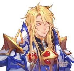Rule 34 | 1boy, aglovale (granblue fantasy), armor, artist name, blonde hair, closed mouth, commentary, commission, english commentary, gorget, granblue fantasy, hair between eyes, highres, lavelis, long hair, male focus, messy hair, orange eyes, pauldrons, shoulder armor, simple background, smile, solo, upper body, white background