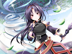 Rule 34 | 1girl, absurdres, ahoge, black gloves, black hair, blush, breasts, brown eyes, closed mouth, day, detached sleeves, fingerless gloves, gloves, hairband, highres, holding, holding sword, holding weapon, kuromiko shoujo, long hair, looking at viewer, medium breasts, outdoors, smile, solo, sword, sword art online, weapon, yuuki (sao)