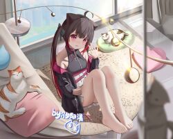 Rule 34 | 1girl, absurdres, ahoge, animal ears, bare shoulders, barefoot, black bow, black coat, black hair, bow, breasts, cat, cat ears, chinese commentary, closed mouth, coat, colored tips, crescent moon, feet, full body, hair bow, head tilt, heart, heart-shaped pillow, highres, indoors, jacket, jacket partially removed, jewelry, knees up, legs, long hair, long sleeves, looking at viewer, moon, multicolored hair, necklace, off shoulder, pillow, pink eyes, pleated skirt, red hair, rug, sidelocks, sitting, skirt, small breasts, solo, thighs, toes, twintails, waving, white skirt, window, xi yang yang, zipper