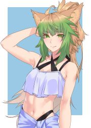 Rule 34 | 1girl, ahoge, animal ear fluff, animal ears, arm behind head, atalanta (fate), bare shoulders, blonde hair, blue background, blush, border, breasts, cat ears, closed mouth, collarbone, criss-cross halter, crop top, crop top overhang, fate/apocrypha, fate (series), green eyes, green hair, halterneck, highres, hikichi sakuya, long hair, looking at viewer, multicolored hair, navel, ponytail, simple background, small breasts, smile, two-tone hair, white border