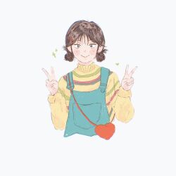 Rule 34 | 1girl, :&gt;, animated, animated gif, aqua overalls, bag, black eyes, black hair, blush stickers, character name, cropped torso, double bun, double v, hair bun, hair ornament, hair up, hairclip, hands up, heart, heart-shaped bag, highres, iwakura mitsumi, kindwhispers, looking at viewer, overalls, parted bangs, red bag, shoulder bag, sidelocks, simple background, skip to loafer, smile, solo, sparkle, striped clothes, striped sweater, sweater, tsurime, turtleneck, turtleneck sweater, v, white background, yellow sweater