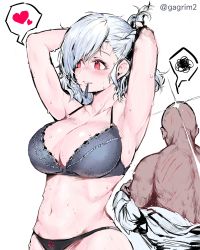 Rule 34 | 1boy, 1girl, absurdres, aftersex, armpits, arms behind head, bald, black panties, blue hair, blush, bra, breasts, cleavage, clothes down, collarbone, commentary request, diffraction spikes, gagrim, girls&#039; frontline, grey bra, groin, hair tie, hair tie in mouth, heart, highres, lace, lace bra, large breasts, lingerie, looking to the side, medium hair, mouth hold, navel, panties, red eyes, scratches, silver hair, simple background, spas-12 (girls&#039; frontline), spoken heart, spoken squiggle, squiggle, stomach, sweat, twitter username, tying hair, underwear, underwear only, white background