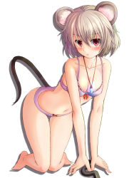 Rule 34 | 1girl, :&lt;, adworse, all fours, animal ears, barefoot, blush, bow, bow panties, bra, breasts, cleavage, full body, grey hair, highres, jewelry, long hair, mouse ears, mouse tail, navel, nazrin, panties, pendant, red eyes, short hair, simple background, solo, tail, thigh gap, touhou, underwear, underwear only, white background