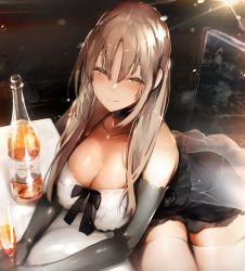 Rule 34 | 1girl, alcohol, bare shoulders, black gloves, blush, bottle, breasts, brown hair, champagne flute, cleavage, cup, dress, drinking glass, elbow gloves, glass, gloves, half-closed eyes, highres, indoors, large breasts, light, light brown hair, long hair, long sleeves, looking at viewer, night, nijisanji, nishiide kengorou, open mouth, sidelocks, sister claire, sister claire (2nd costume), sitting, skindentation, smile, solo, thighhighs, thighs, very long hair, virtual youtuber, white thighhighs, yellow eyes