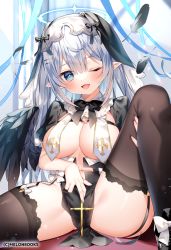Rule 34 | 1girl, ;d, black bow, black bowtie, black wings, blue eyes, blush, bow, bowtie, breast curtains, breasts, brown thighhighs, chihiro (khorosho), commentary request, crossed arms, feathered wings, feathers, garter straps, hair between eyes, hair ornament, hairclip, halo, knee up, large breasts, long hair, looking at viewer, navel, one eye closed, open mouth, original, pelvic curtain, pointy ears, short sleeves, shrug (clothing), silver hair, sitting, smile, solo, thighhighs, veil, wings
